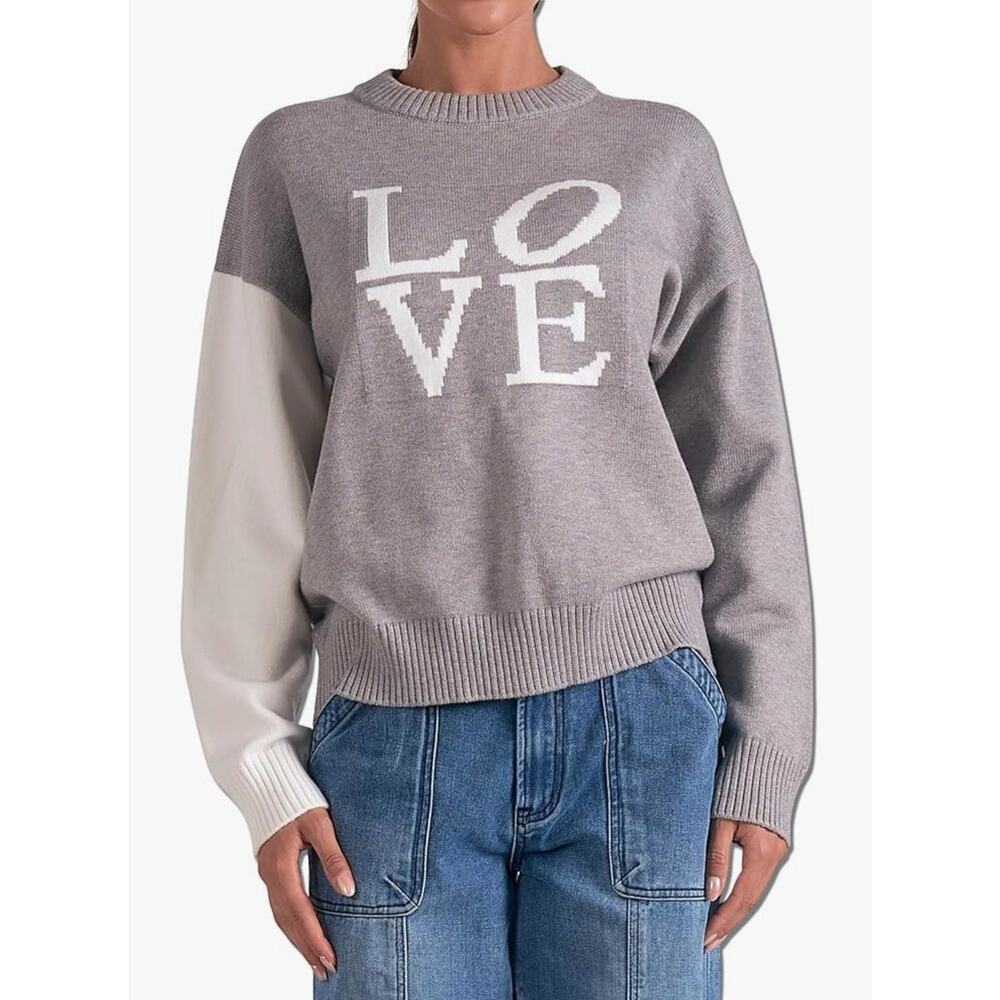 Elan Colorblock womens Love Round Neck Sweater Grey Medium designer cottage NWT